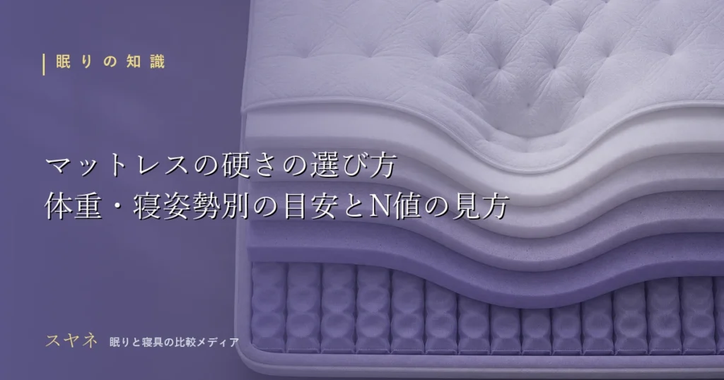 マットレスの硬さの選び方を解説するアイキャッチ画像。N値の意味、体重別・寝姿勢別の硬さの目安を月白とダスクラベンダーのグラデーションで表現