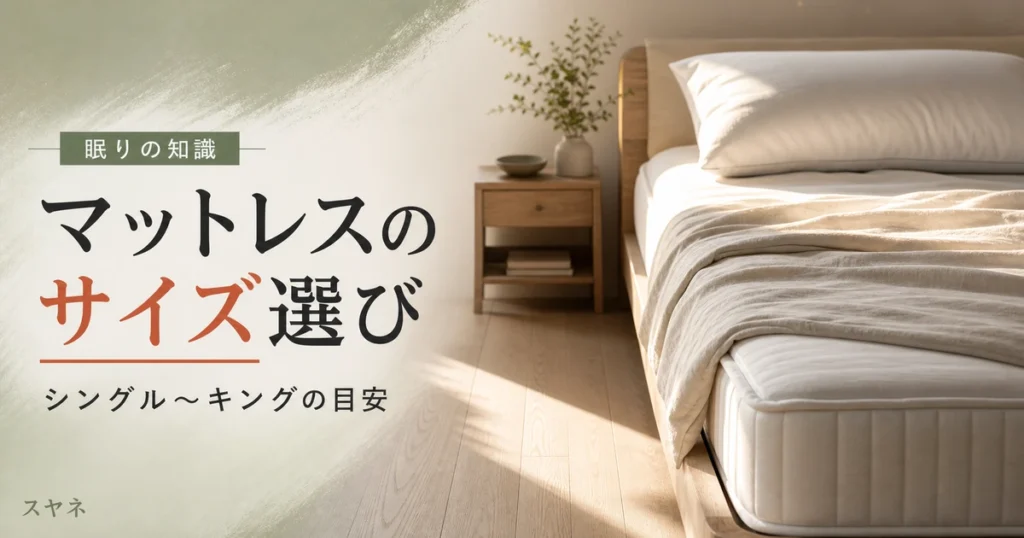マットレスのサイズの選び方を解説するアイキャッチ画像。シングルからキングまでの考え方と部屋の広さ・搬入経路の確認ポイント、淡いパステルのやわらかな寝具