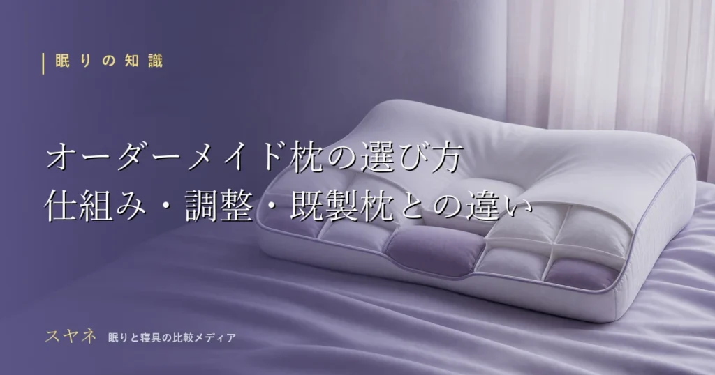 オーダーメイド枕の選び方を解説するアイキャッチ画像。月白の空間に区画が分かれた高さ調整枕のイメージと沈み込む首もとを淡く表現